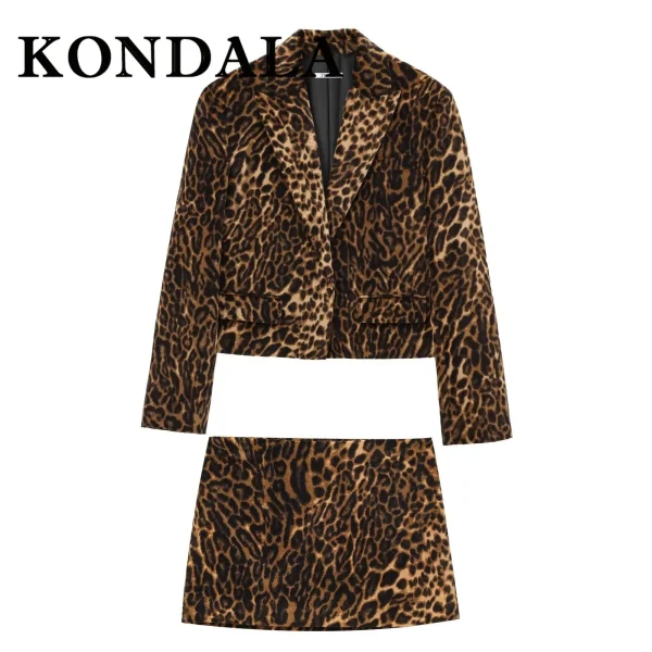 KONDALA Leopardo 2025 Autunno Stampa Animale Vintage Donna Abiti di Velluto Giacca Monopetto + Mini Gonna Tubino Moda Abiti Sexy 5