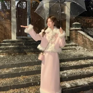 Lussuoso cappotto a maniche lunghe con pelliccia e gonna longuette Set per donna Office Lady 2023 Autunno/Inverno Moda di alta qualità 1