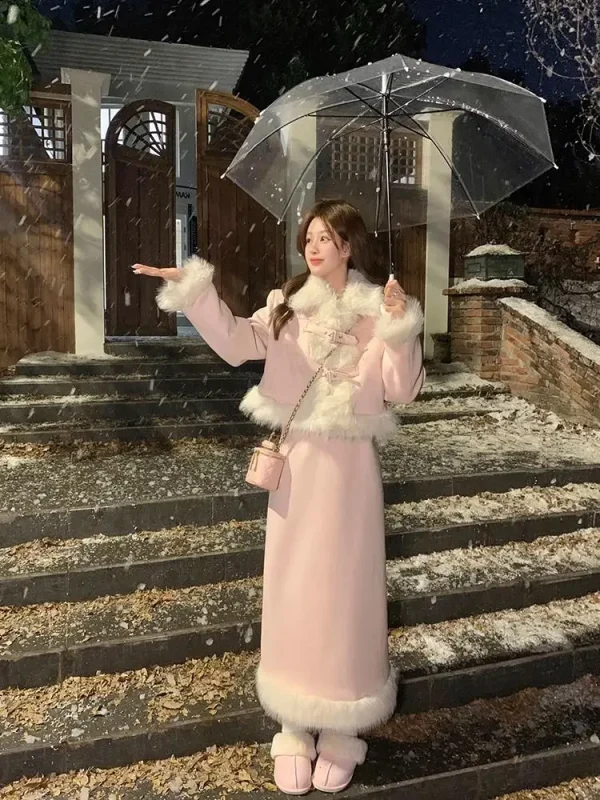 Lussuoso cappotto a maniche lunghe con pelliccia e gonna longuette Set per donna Office Lady 2023 Autunno/Inverno Moda di alta qualità 1