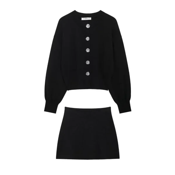 KONDALA 2024 Inverno Solido Nero Vintage Abito in maglia da donna Casual Bottone rosa Manica lunga Elegante Cardigan Mini Guaina Gonna sexy 2