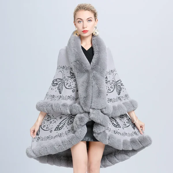 Cardigan invernale in pelliccia di volpe sintetica Poncho caldo Mantello allentato Scialle lavorato a maglia Cappotto oversize da donna Mantello spesso in tessuto jacquard a due strati 2