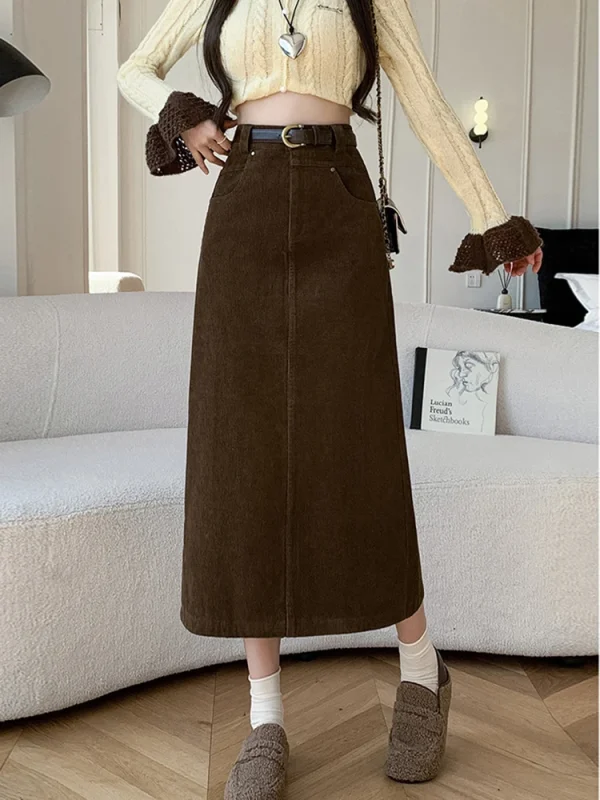 Gonna lunga da donna in velluto a coste invernale Donna Vintage a vita alta Wrap Cargo Gonne aderenti con cintura A-line Nero Marrone Faldas Largas 2
