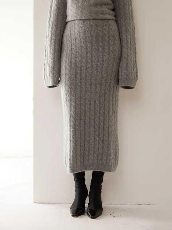 Autunno Inverno 100% Gonna in cashmere Donna Soild a metà polpaccio Vita alta Twist Flower Fit Abito lavorato a maglia dimagrante Leggero Lusso Elegante 3