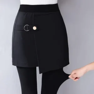 Leggings autunno inverno in pile ispessito Pantaloni base dimagranti integrati da donna con gonna Capispalla design finto in due pezzi 1
