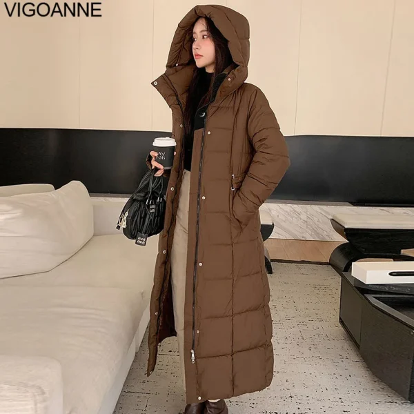 VigoAnne 2025 Coreano Casual Con Cappuccio Imbottiture Cappotto Lungo Delle Donne Solido Tasca A Maniche Lunghe Inverno Giacca Allentata Della Signora di Spessore Caldo Outwear 3