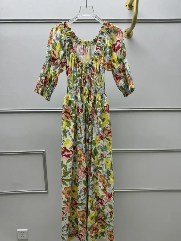 Estate 2025 Abito con stampa floreale colorata Donna con coulisse Elastico in vita Manica a sbuffo 2025 Summer Lady A-line Midi Robe 3