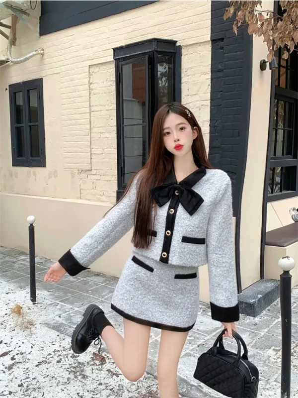 UNXX Elegante Papillon Set a due pezzi Donna Autunno Inverno Nuovo Colore a contrasto Giacca corta Gonna a vita alta Set da donna da ufficio femminile 3