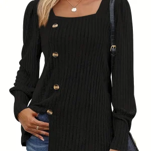 Maglione lavorato a maglia a costine con collo quadrato solido, maglione diviso a maniche lunghe con bottoni casual per la primavera e l'autunno, abbigliamento da donna 1