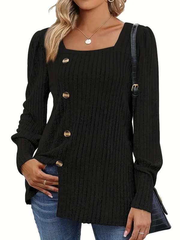 Maglione lavorato a maglia a costine con collo quadrato solido, maglione diviso a maniche lunghe con bottoni casual per la primavera e l'autunno, abbigliamento da donna 1