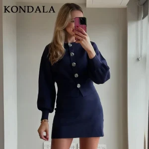 KONDALA 2025 Autunno Inverno Casual lavorato a maglia solido vestito da donna moda streetwear monopetto ONeck camicia chic gonna elastica in vita 1