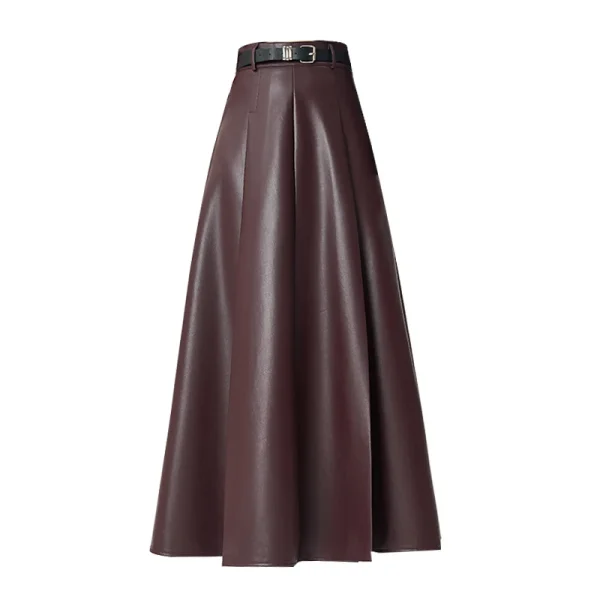 Gonna lunga ombrello da donna in pelle PU nera a vita alta autunno inverno con cintura 2025 nuove gonne a trapezio dritte vintage femminili 6