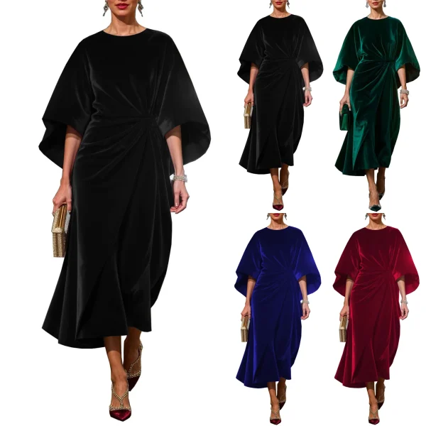 Abito lungo in velluto dorato di lusso per donna Elegante vita elegante manica a pipistrello Abito a maniche lunghe Abiti da sera autunnali Abiti 6