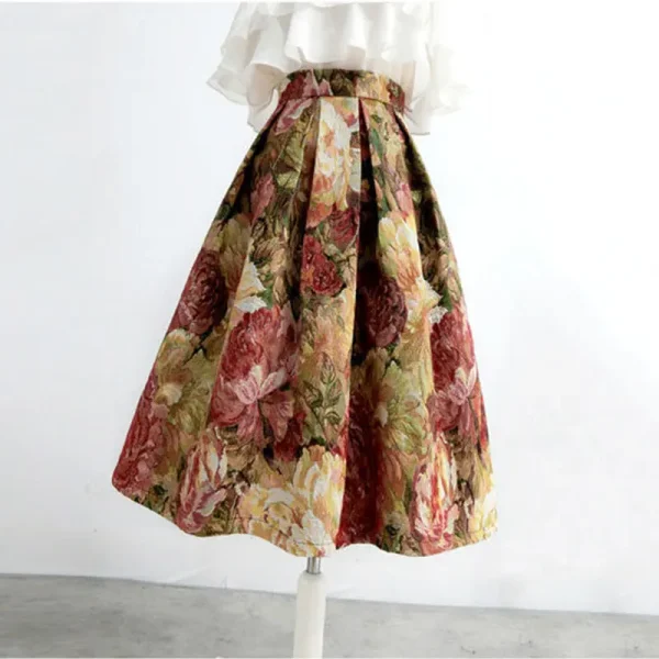 Floreale elegante Chic a vita alta abito da ballo a-line gonna allentata da donna gonne lunghe al ginocchio per abbigliamento donna moda 2024 4