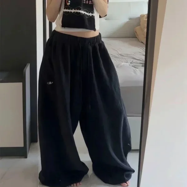 Pantaloni sportivi casual neri American retro hip-hop da donna oversize coreano streetwear pantaloni da jogging larghi pantaloni a gamba larga a vita alta 2