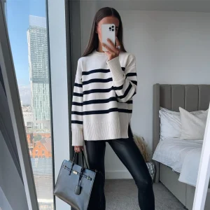 Pullover casual a righe oversize da donna lavorato a maglia basic autunno inverno maglioni spessi larghi maglioni abbigliamento femminile 1