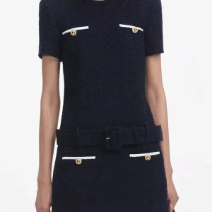 2025 Autunno New Fashion Blu Navy Tweed Abito a maniche corte Donna Temperamento Girocollo Pendolari Vita alta Abito corto da donna 1