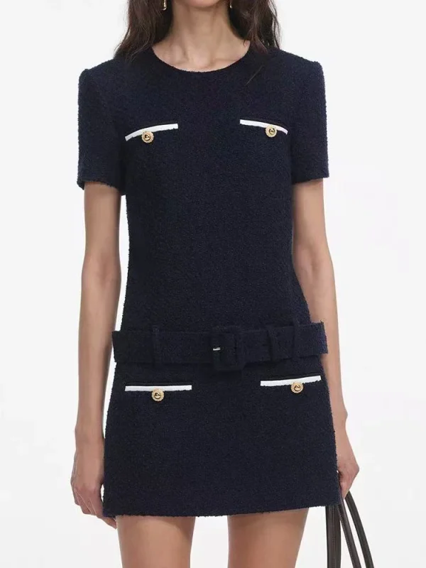2025 Autunno New Fashion Blu Navy Tweed Abito a maniche corte Donna Temperamento Girocollo Pendolari Vita alta Abito corto da donna 1