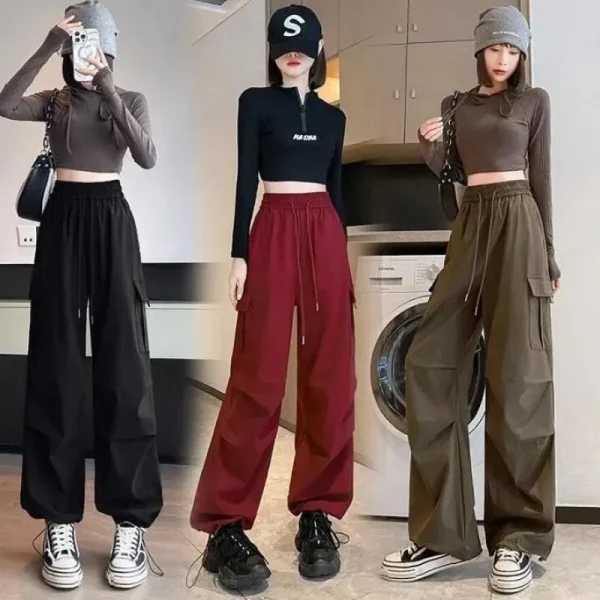 Pantaloni da lavoro rossi casual stile americano Pantaloni da donna a vita alta primavera estate Pantaloni sportivi larghi a gamba larga 2