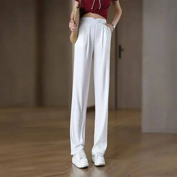 Summer New Ice Silk Cool Casual Pants Women High Waist Slimming Tall Draping Narrow Version Straight Leg Trousers 1