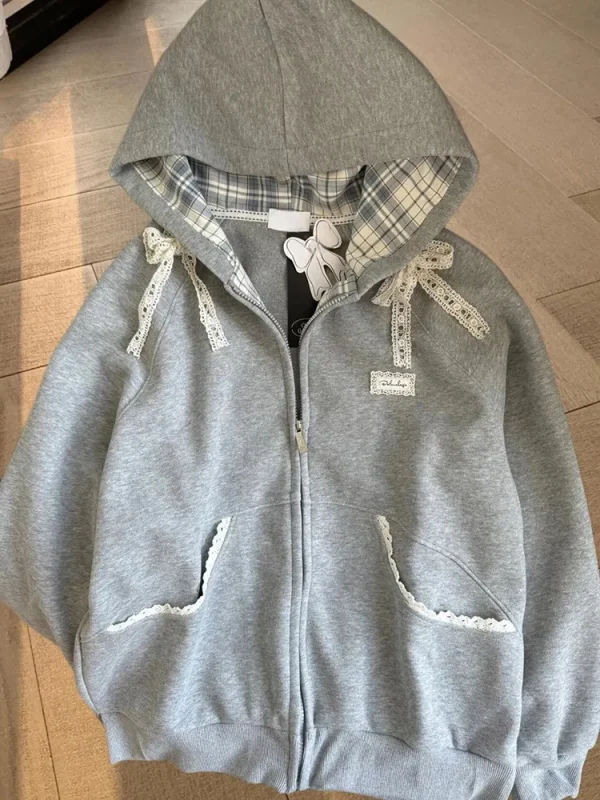 Zoki Felpe con cappuccio patchwork in pizzo da donna Felpa a maniche lunghe con fiocco carino Stile preppy giapponese Dolce manica lunga allentata Capispalla femminile grigio 6
