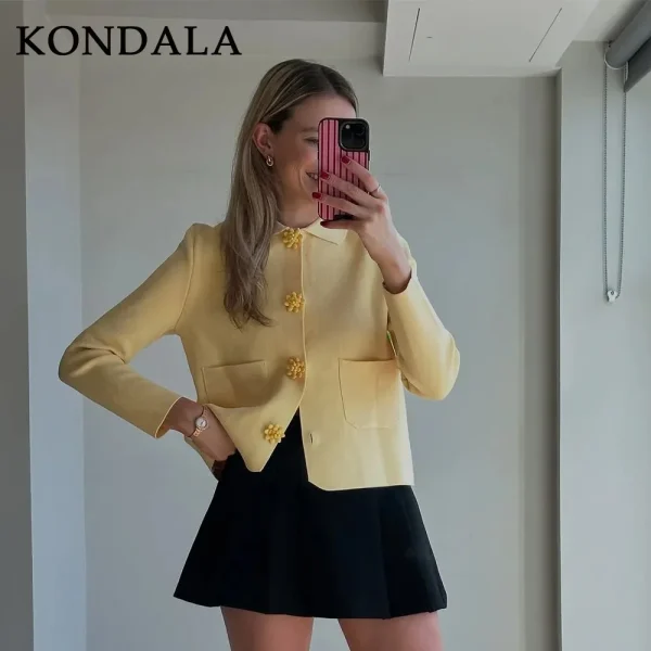 KONDALA 2025 Autunno Inverno Burro Giallo Lavorato A Maglia Donne Giubbotti Moda Streetwear Couverture Colletto Solido Bottone Dritto Cappotti Della Signora 4
