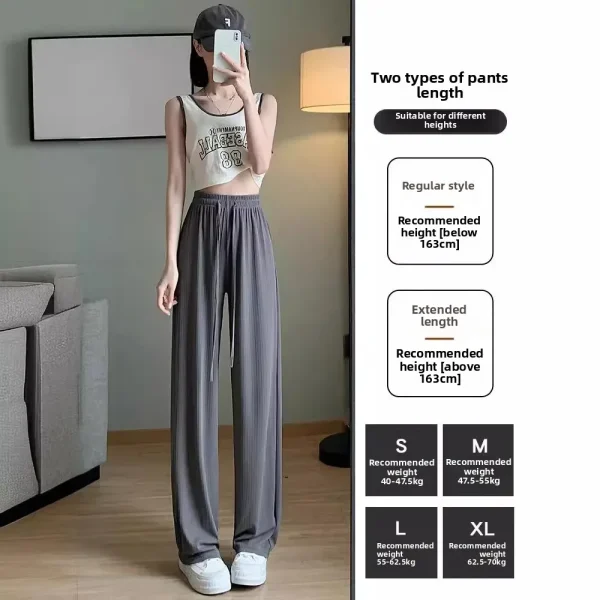 Pantaloni a gamba larga in seta grigia ghiaccio da donna estivi sottili e freschi a vita alta drappeggiati pantaloni larghi dritti casual a prova di zanzara con protezione solare 2