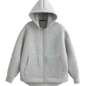 HH Autunno Donna Giacca grigia con cappuccio Manica lunga Tasca grande Giacca con cerniera Cappotto Donna Allentato Capispalla casual Cappotto Top 1
