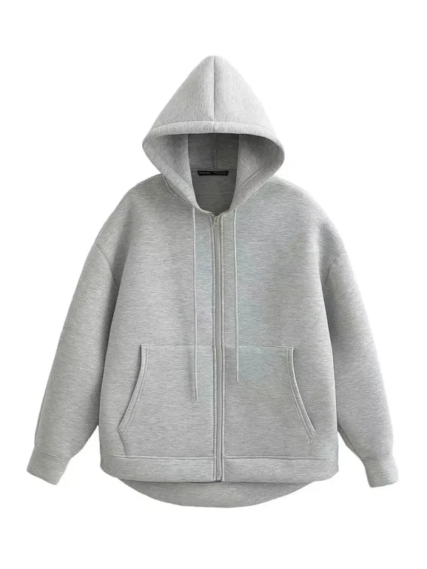 HH Autunno Donna Giacca grigia con cappuccio Manica lunga Tasca grande Giacca con cerniera Cappotto Donna Allentato Capispalla casual Cappotto Top 1