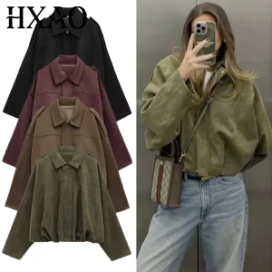 HXAO Giacca bomber da donna Giacca in pelle scamosciata con cerniera a maniche lunghe con risvolto Donna 2025 High Street Giacche da corsa corte Cappotti Capispalla 1