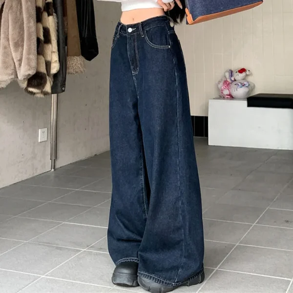 Jeans Y2K da donna autunno 2025 Pantaloni versatili in denim foderati in flanella blu scuro Pantaloni larghi con gamba dritta e lunghezza trascinante 2595 2