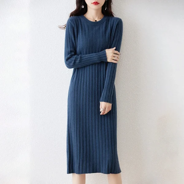 Abito in maglia di pura lana al 100% Gonna maglione sottile al ginocchio autunno e inverno da donna con gonna a fondo 4