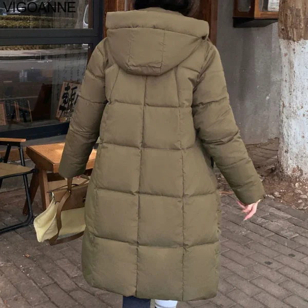 VigoAnne 2025 inverno cerniera con cappuccio piumino lungo cappotto coreano donna manica lunga tasca giacca allentata solida signora spessa tuta sportiva calda 6