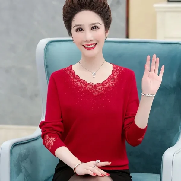 2024 Nuovo Autunno Top Lavorato a Maglia Persone di Mezza Età e Anziani Autunno e Inverno Camicia di Mezza Età Moda Donna Vestiti di Lana P1 5
