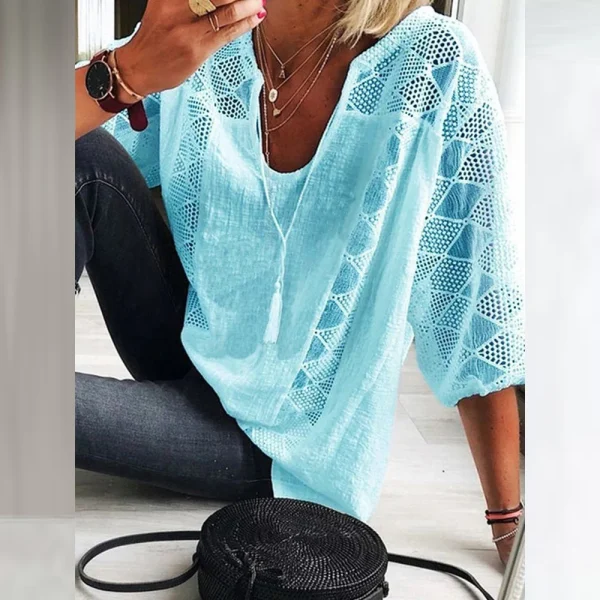 Tunica in cotone e lino da donna Top con scollo a V manica a 3/4 T-shirt allentata casual Moda donna Abbigliamento quotidiano 2023 3