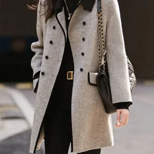Onecozyday Cappotto doppiopetto grigio da donna Colletto dentellato Maniche lunghe Capispalla larghi 2025 Autunno Nuovi cappotti di tweed 1