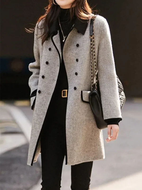 Onecozyday Cappotto doppiopetto grigio da donna Colletto dentellato Maniche lunghe Capispalla larghi 2025 Autunno Nuovi cappotti di tweed 1