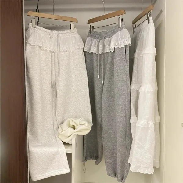 Pantaloni dimagranti a gamba larga Patchwork in pizzo con coulisse Pantaloni casual larghi da donna Lunghezza pavimento Stile pendolare Fibra di poliestere 3