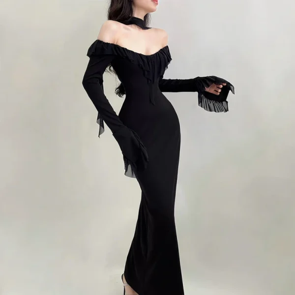 Xeemilo Elegante abito da sera con volant in rete Temperamento Colletto tondo Slim Manica lunga Maxi abiti Donna Elegante Party Club Robe 3