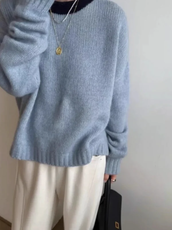 Maglione da donna in puro cashmere con collo rotondo in colore abbinato, maglione corto con base in lana lavorata a maglia ispessita e ampia autunno e inverno 5