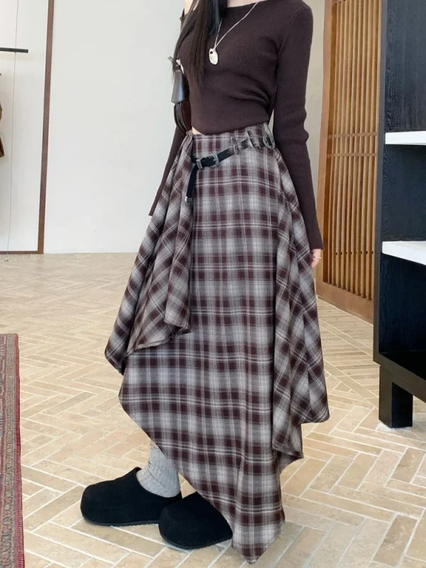 Qiukichonson Gonne lunghe Donna Gonna di lana 2025 Goth Autunno Inverno Vita alta Ruffles Gonna scozzese asimmetrica Maxi con cintura 5