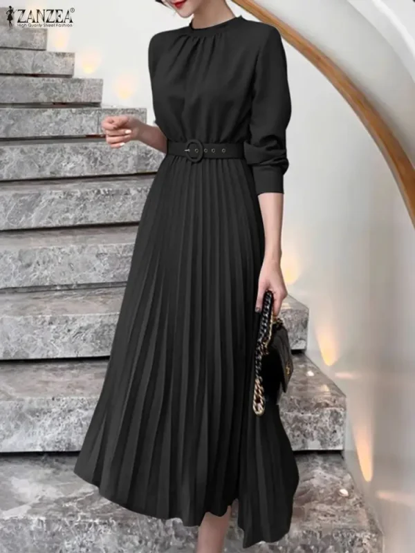 Elegante autunno abito a linea ZANZEA abiti da donna da ufficio 2025 elegante O collo manica lunga lavoro Midi Vestido vestito estivo a pieghe solido 3