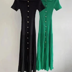 Abito da donna in maglia verde o nero Colletto rovesciato Elegante abito longuette monopetto a maniche corte 1