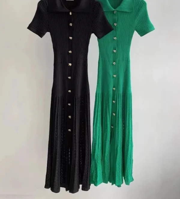 Abito da donna in maglia verde o nero Colletto rovesciato Elegante abito longuette monopetto a maniche corte 1
