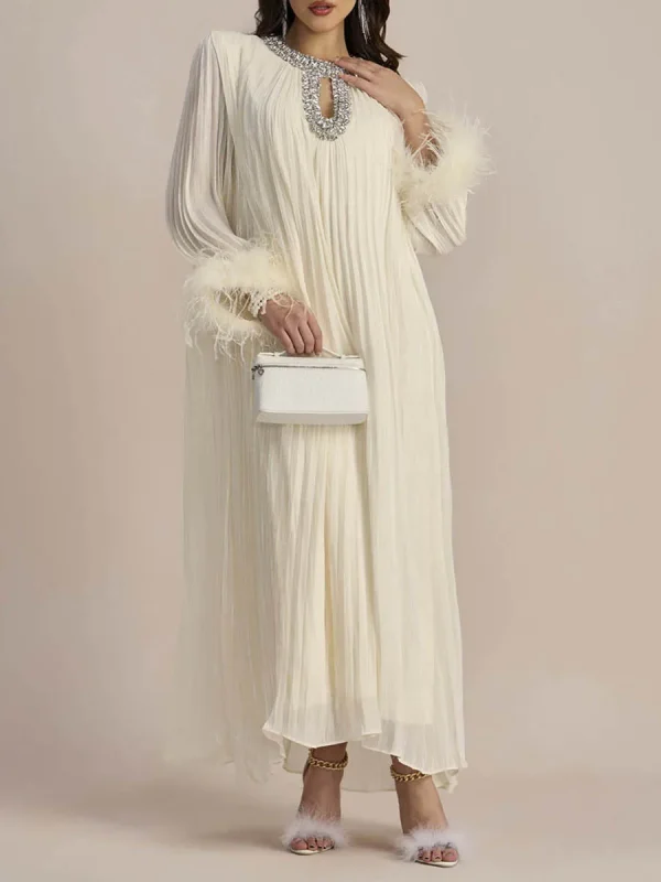 VGH Minimalista Diamanti Impiombati Abiti A Pieghe Allentati Per Le Donne O Collo Manica Lunga Patchwork Piume Scava Fuori Il Vestito Femminile 3