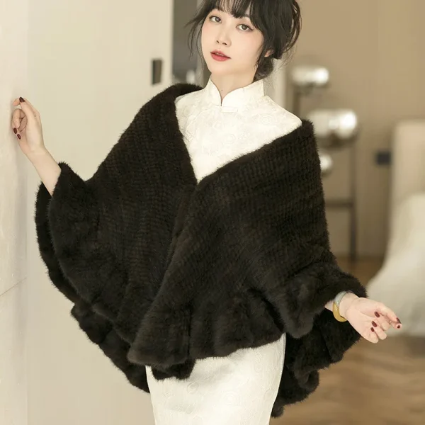 Besfilin Double-Sided Reale Pelliccia di Visone Mantello da Donna Mezza Rotonda Scialle da Viaggio Poncho Sciarpa Tessuta Moda Caldo Autunno Inverno 5