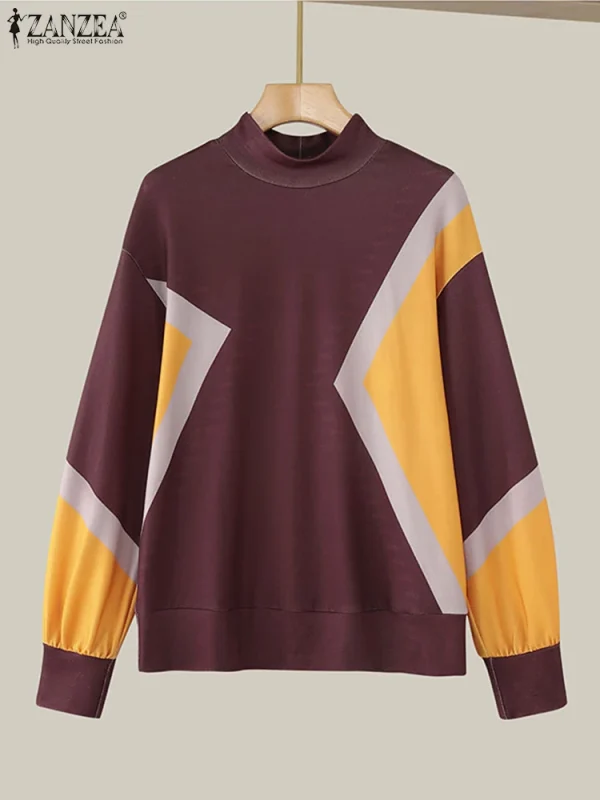 ZANZEA 2025 Donne di Autunno Elegante Collo Alto Lavorato A Maglia Magliette Casual A Maniche Lunghe T-Shirt Moda Colorblock Magliette e camicette Patchwork Tuniche 4