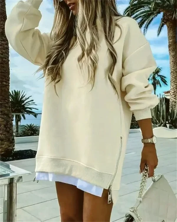 Felpa da donna primavera autunno moda splicing design con cerniera laterale girocollo maniche lunghe top irregolari di media lunghezza 2