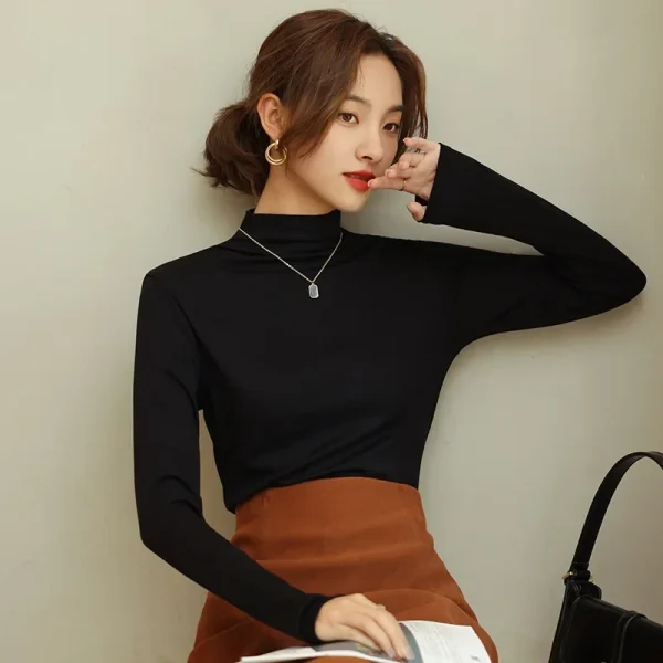 YSZWDBLX T-shirt da donna Autunno Inverno Manica lunga Mezza collo alto Camicia con fondo in modale morbido Ad alta resistenza Abbigliamento interno caldo coreano 4
