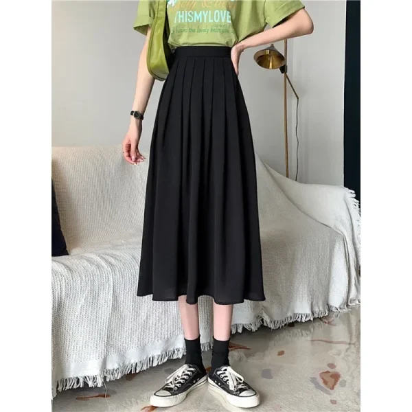 Gonna midi nera a trapezio da donna Primavera Estate Autunno Inverno Gonna a metà corpo a pieghe a vita alta in puro colore stile coreano 2