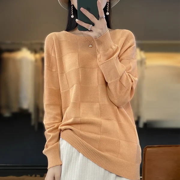Autunno Inverno Nuove Donne 100% Cotone Morbido Maglione Colletto Rotondo Modello Quadrato Pullover Allentato Moda Maglieria Casual Base Top 6